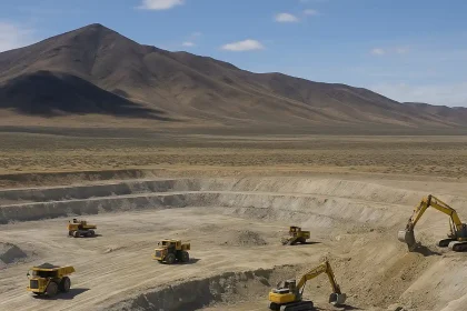 Vista realista de la mina de litio a cielo abierto en Thacker Pass, Nevada, con maquinaria pesada y paisaje desértico montañoso al fondo.