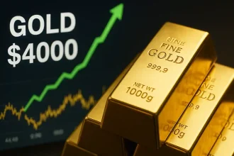 Lingotes de oro de 999.9 gramos frente a gráfico ascendente con proyección de JP Morgan hacia los 4,000 dólares por onza.