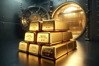 Lingotes de oro apilados en una bóveda financiera, reflejando su valor económico como refugio ante la incertidumbre global
