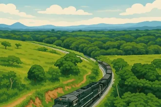 Ilustración del tren del Corredor Interoceánico cruzando una región selvática en el Istmo de Tehuantepec