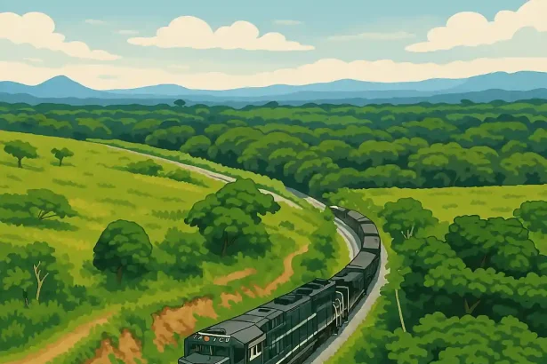 Ilustración del tren del Corredor Interoceánico cruzando una región selvática en el Istmo de Tehuantepec