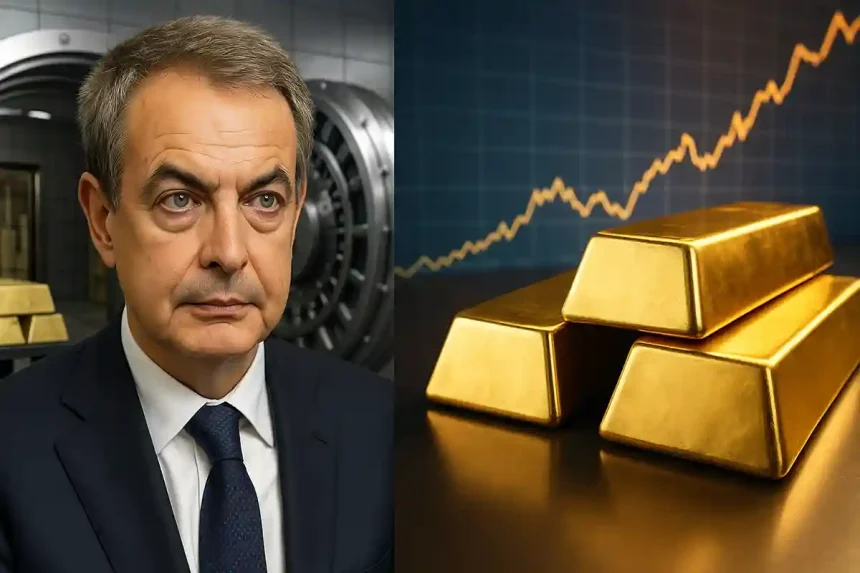 osé Luis Rodríguez Zapatero frente a lingotes de oro, ilustrando la venta de reservas del Banco de España en 2007.