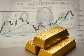 Lingotes de oro frente a un gráfico técnico con velas japonesas y fondo del dólar estadounidense, representando el análisis técnico del precio del oro XAU/USD