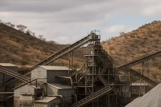 Planta de procesamiento minera en terreno árido de Durango con maquinaria y sistemas de transporte de mineral.