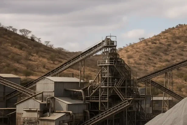 Planta de procesamiento minera en terreno árido de Durango con maquinaria y sistemas de transporte de mineral.