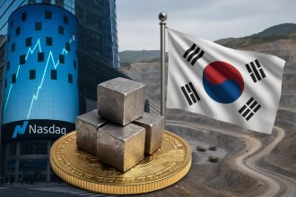 Ilustración de lingotes de tungsteno sobre una moneda, con la bandera de Corea del Sur, la Bolsa NASDAQ y una mina a cielo abierto de fondo.