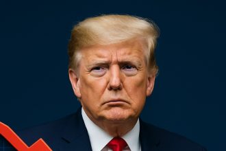 Donald Trump con flecha roja descendente, simbolizando la caída del real brasileño y la bolsa por arancel del 50 %