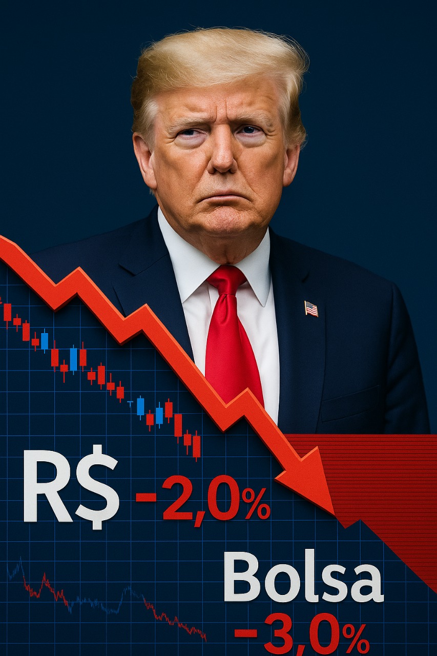 Donald Trump con flecha roja descendente, simbolizando la caída del real brasileño y la bolsa por arancel del 50 %