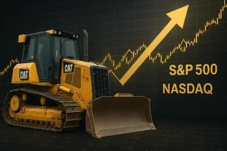 Bulldozer Caterpillar frente a gráfico bursátil con tendencia alcista y logotipos de S&P 500 y Nasdaq