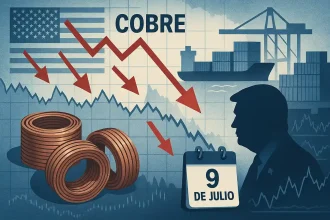 Gráfico de precios del cobre en descenso con flechas rojas, fondo de comercio internacional y la fecha 9 de julio destacada.