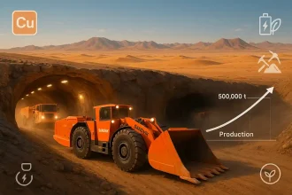 Cargadora Sandvik Toro LH515i y camión TH551i en operación subterránea en Oyu Tolgoi, con proyección de producción de cobre.