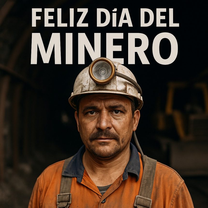 Minero mexicano con casco y lámpara frontal, con fondo oscuro de mina y texto “Feliz Día del Minero