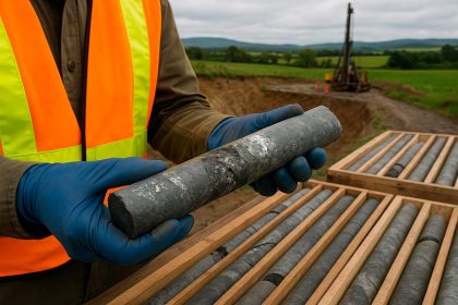 Geólogo sostiene núcleo de perforación mineral con alto contenido de zinc, plomo y plata en sitio de exploración en Irlanda.