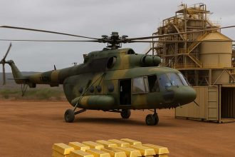 Helicóptero militar de Mali frente a pallets de oro en mina industrial de Barrick Gold.
