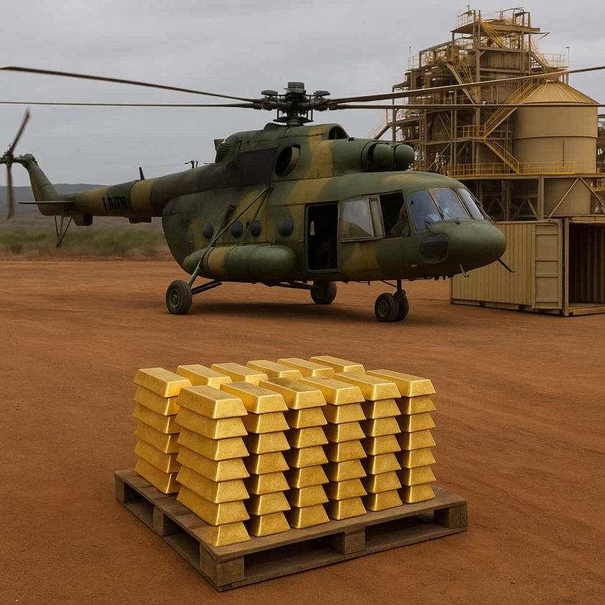 Helicóptero militar de Mali frente a pallets de oro en mina industrial de Barrick Gold.