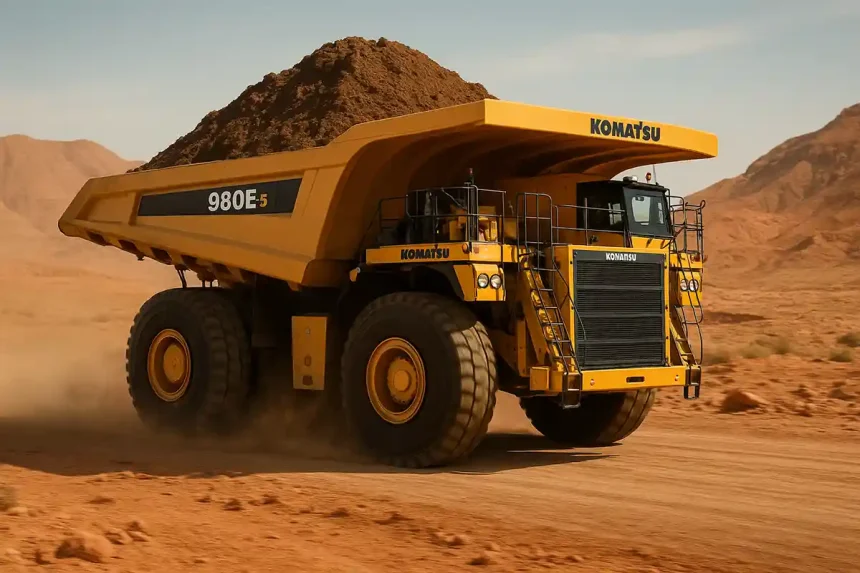 Camión de acarreo Komatsu 980E‑5 avanzando en un paisaje desértico tipo Balochistán, Pakistán