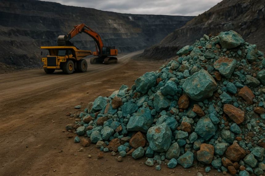 Montón de mineral de cobre en mina a cielo abierto con maquinaria pesada al fondo
