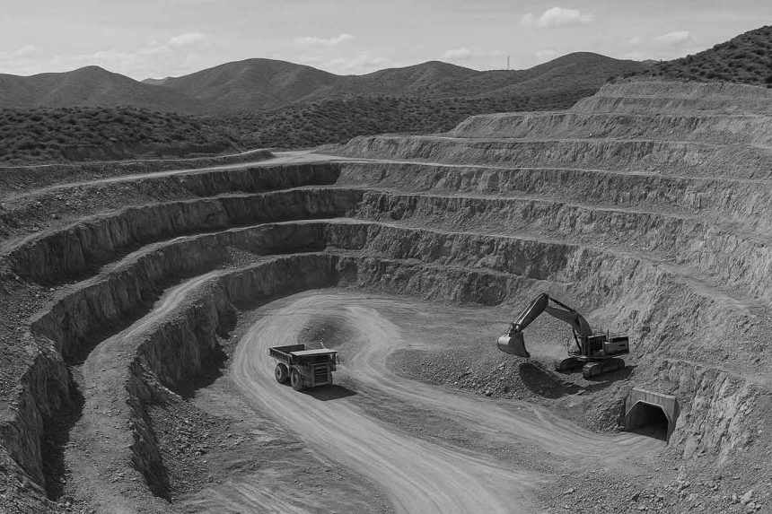 Vista en blanco y negro del yacimiento minero Cerro Los Gatos en Chihuahua con maquinaria pesada