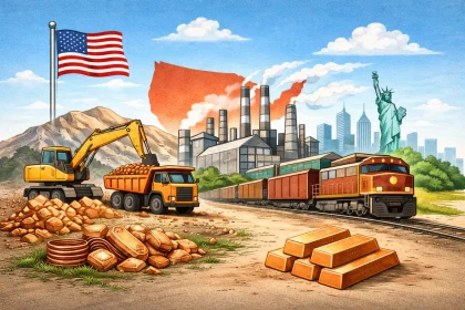 Operación minera de cobre en Estados Unidos con fundición, tren de carga y lingotes de cobre