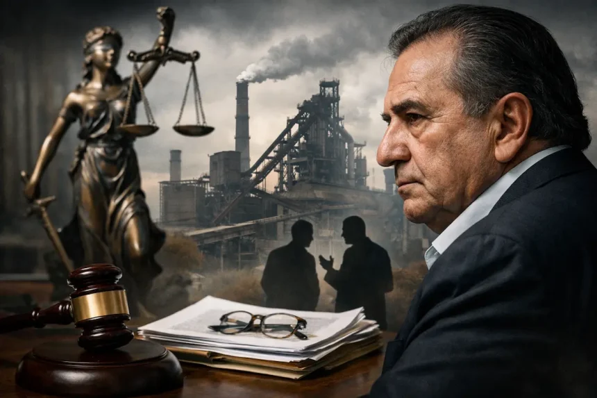 Alonso Ancira con elementos simbólicos de justicia y una planta siderúrgica al fondo. Imagen generada con IA