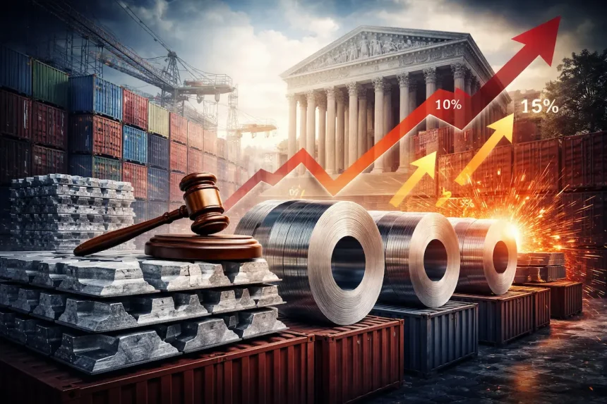 Lingotes y rollos de aluminio en puerto con mazo judicial y Suprema Corte al fondo