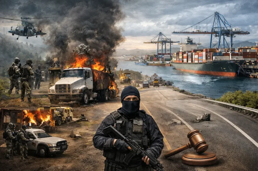 Ilustración de un corredor carretero con operación portuaria al fondo, asociada a logística y seguridad para la minería.