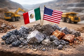 Banderas de México y Estados Unidos sobre rocas minerales en mina a cielo abierto, ilustrando cooperación por minerales críticos en el T-MEC