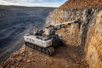 Robot eléctrico con brazo robótico cargando barrenos de pre-split en el highwall de una mina a cielo abierto.