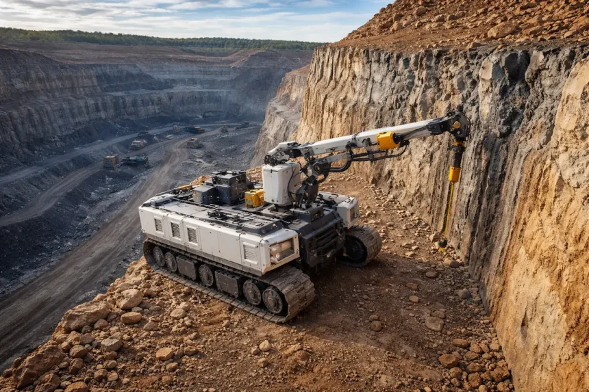 Robot eléctrico con brazo robótico cargando barrenos de pre-split en el highwall de una mina a cielo abierto.