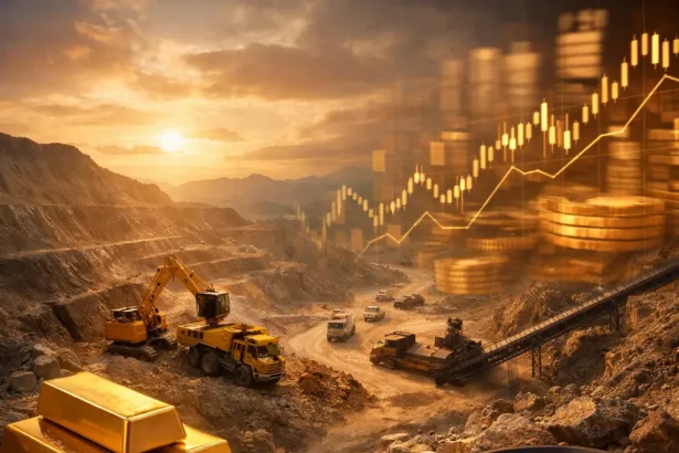Ilustración de una mina de oro a cielo abierto con lingotes y maquinaria pesada en un contexto de alza del precio del oro