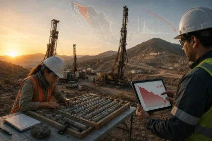 Geólogos revisan muestras de núcleo y una gráfica de inversión a la baja en un campamento de exploración minera en México.