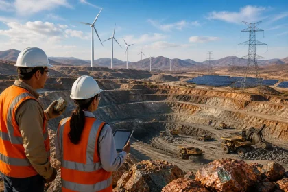 Mineros observan una mina mexicana con paneles solares y aerogeneradores, símbolo de la transición energética.