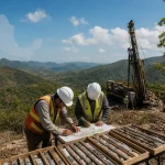 Geólogos revisan muestras de perforación en una zona montañosa de Nayarit para ilustrar el proyecto aurífero Fairfield.