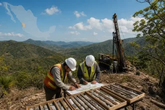 Geólogos revisan muestras de perforación en una zona montañosa de Nayarit para ilustrar el proyecto aurífero Fairfield.
