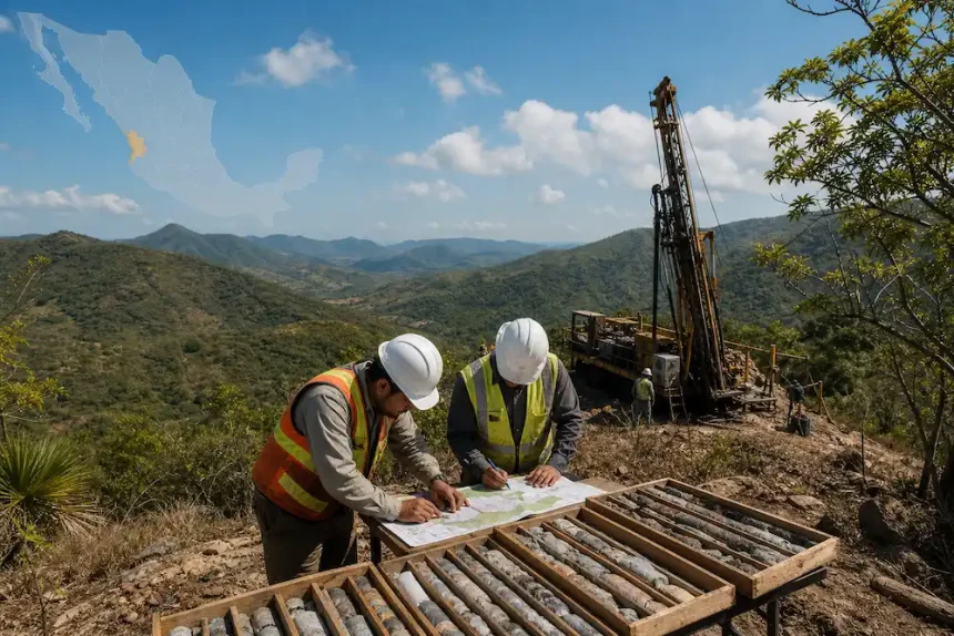 Geólogos revisan muestras de perforación en una zona montañosa de Nayarit para ilustrar el proyecto aurífero Fairfield.