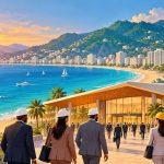 Ilustración de Acapulco con playa, recinto de convenciones y símbolos de la industria minera.
