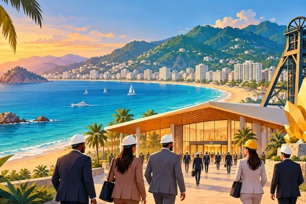 Ilustración de Acapulco con playa, recinto de convenciones y símbolos de la industria minera.