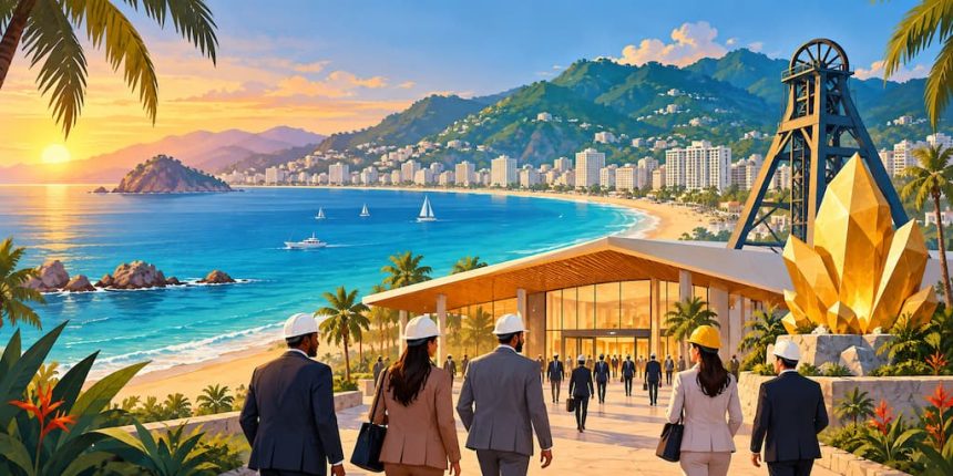 Ilustración de Acapulco con playa, recinto de convenciones y símbolos de la industria minera.