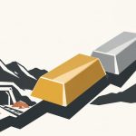 Ilustración de lingotes de oro y plata sobre una flecha ascendente junto a una mina, representando el crecimiento de la producción minero-metalúrgica en México.