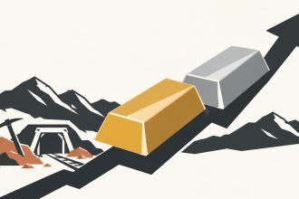 Ilustración de lingotes de oro y plata sobre una flecha ascendente junto a una mina, representando el crecimiento de la producción minero-metalúrgica en México.