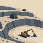Ilustración de mina a cielo abierto con cascos de seguridad vacíos, una excavadora detenida y una banda transportadora, que representa la contracción laboral del sector minero mexicano.