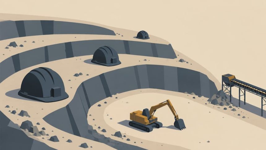 Ilustración de mina a cielo abierto con cascos de seguridad vacíos, una excavadora detenida y una banda transportadora, que representa la contracción laboral del sector minero mexicano.